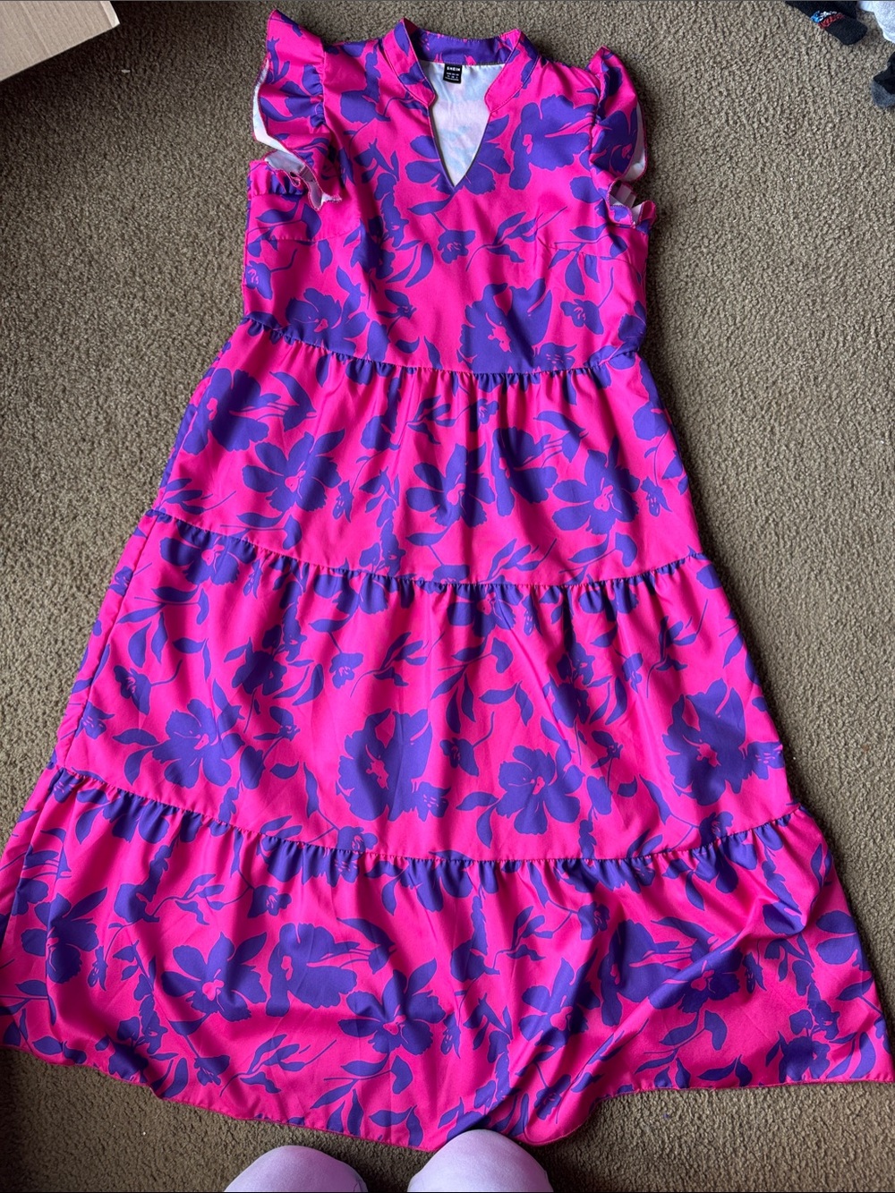 SHEIN Fuchsia Pink Maxi Dress with Purple Floral Print size M